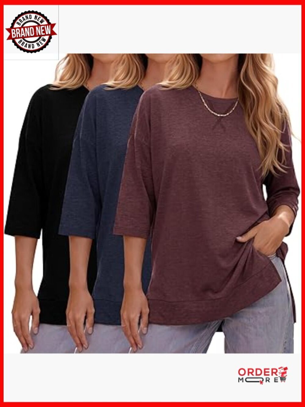 3 Pack 3/4 Length Sleeve Tunic Tops Loose Fit Round Neck Side Slit Tee